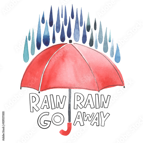 Watercolor red umbrella under rain