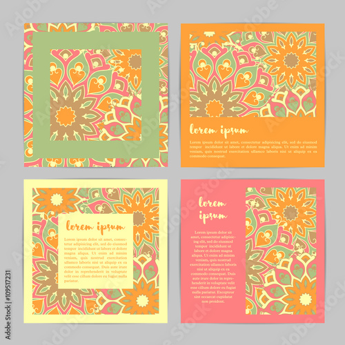 Set of square template cards with hand drawn flower mandala.Stylish geometric pattern in oriental style.Green,orange,beige, plum colors. Indian, asian, arabic, islamic, ottoman, moroccan motif. Vector
