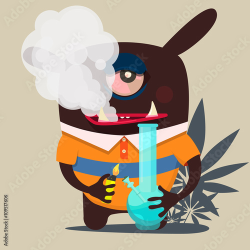 cute monster graphic, smokes marijuana
