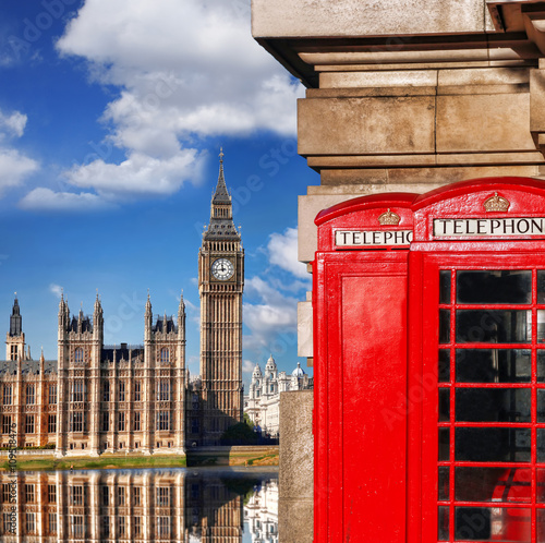 London symbols with BIG BEN and red PHONE BOOTHS in England, UK