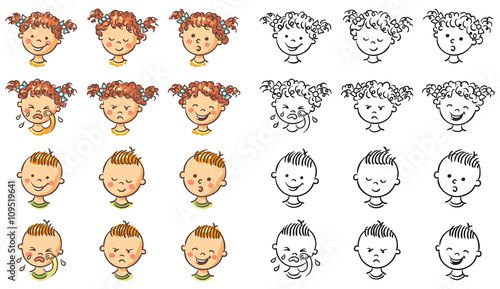 Set of boy and girl faces with different emotions