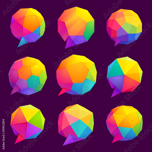 Low poly sphere speech bubble logo set.