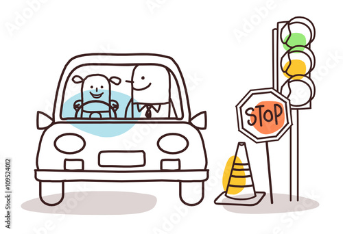 cartoon characters and car - driving school