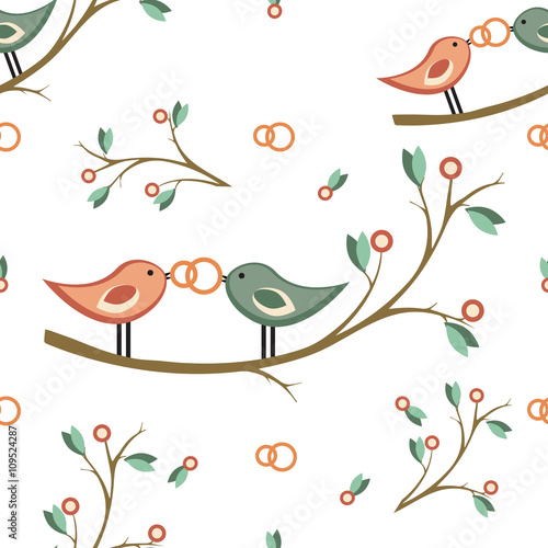 cute vector wedding seamless pattern. seamless pattern with pair of birds on a branch, wedding rings. For wedding decoration, invitation, card, fabric, paper or web. 