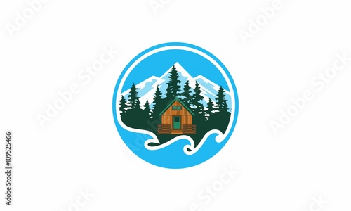graphic illustration mountain landscape with mountain huts and cypresses