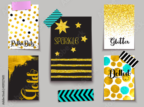 Set of Sparkling Gold-dusted Cards - Gold leaf and gold glitter on black and white, including abstract, polka dots, stripes and star shapes, and washy tape