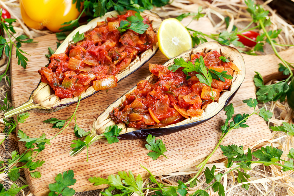 Cooked Eggplant and stuffed with vegetables. Cooked Eggplant and stuffed with vegetables.