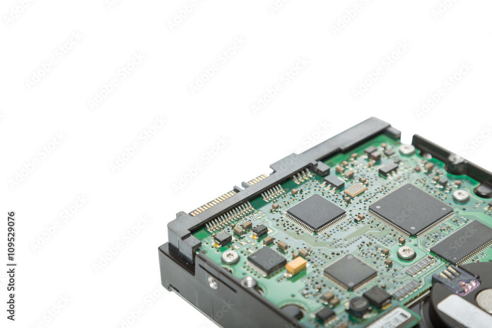 Close up circuit of harddisk drive isolated on white Close up circuit of harddisk drive isolated on white