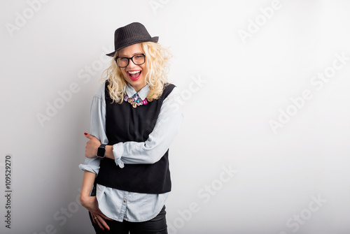 Portrait of creative and funny woman smiling