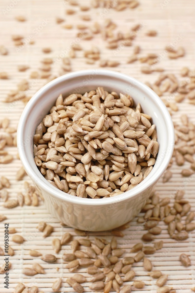 Grey sunflower seeds on the white background Grey sunflower seeds on the white background