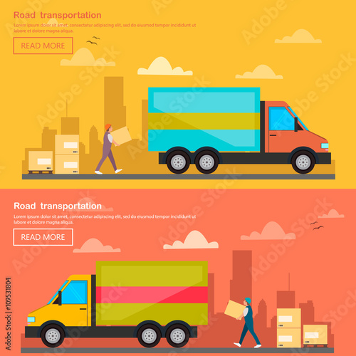 Cargo transportation by road. Workers loading and unloading trucks. Flat style icons and illustration.
