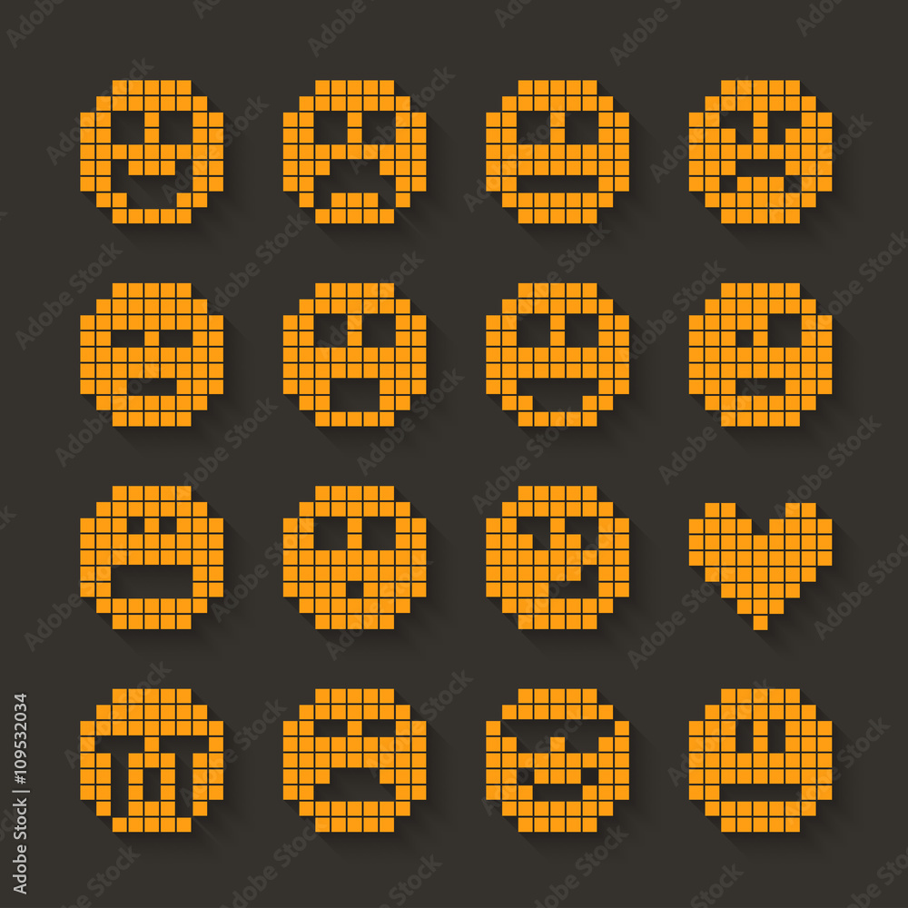 Flat pixel smile icons set with shadow effect. Flat pixel smile icons set with shadow effect.