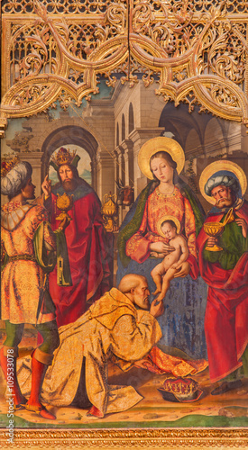 AVILA, SPAIN, APRIL - 18, 2016: The paintig of The Three Magi on the main altar of Catedral de Cristo Salvador by Juan de Borgona (1512).