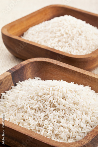 rice in wooden bowl.