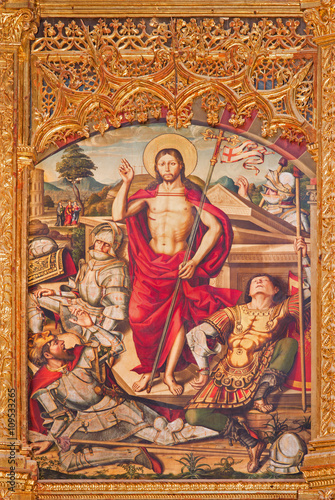 AVILA, SPAIN, APRIL - 18, 2016: The paintig of The Resurrection on the main altar of Catedral de Cristo Salvador by Pedro Berruguete (1499).