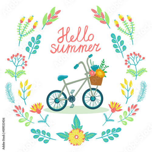 Vector floral card with text "Hello summer".