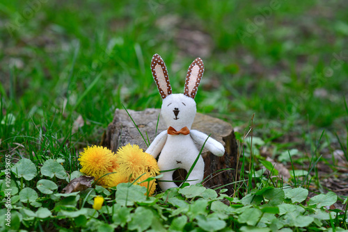 young hare a toy with own hands is a daryl a bouquet on a holida photo