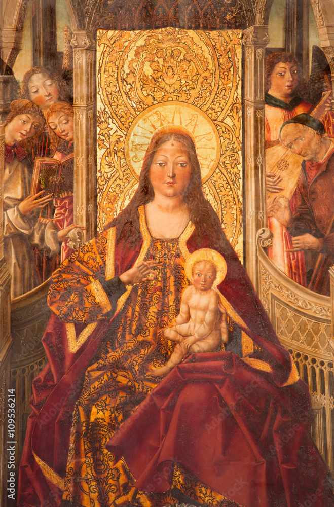 AVILA, SPAIN, APRIL - 18, 2016: The Madonna on the throne by Garcia del Barco (1496) in Catedral de Cristo Salvador in chapel Capilla De Nuestra Senora De Gracia.