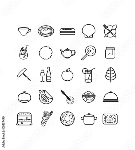 Cuisine, Cuisiner, Ustensiles, Nourriture, Manger, Restaurant, pictos, Vectoriel, Food truck, Restauration, Dessin