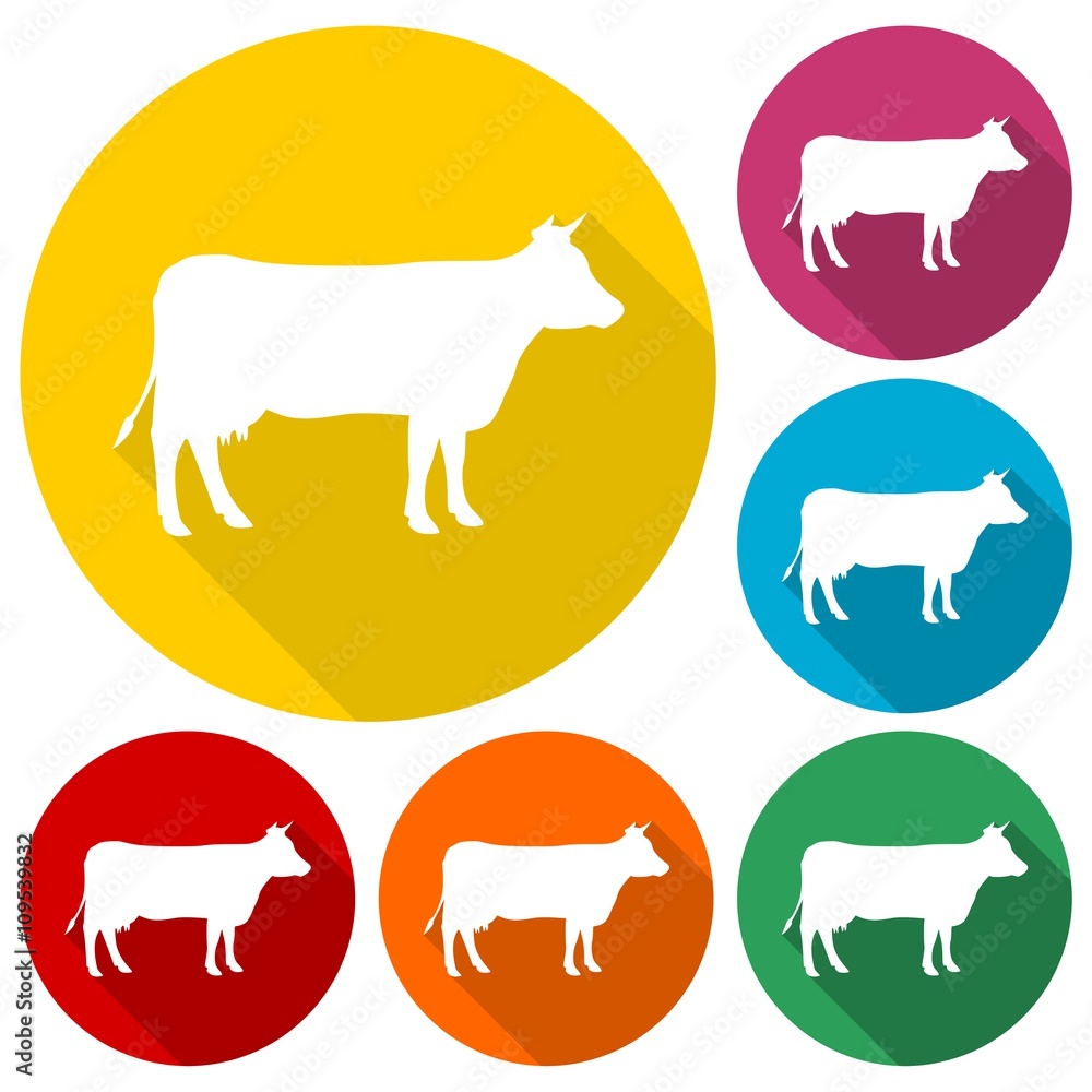 Cow silhouette icons set with long shadow Cow silhouette icons set with long shadow