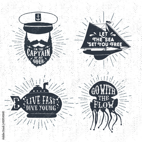 Hand drawn textured vintage badges set with captain face, yacht, submarine, jellyfish, and inspirational lettering.