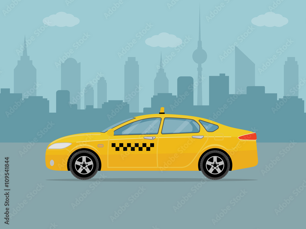 Taxi car on city background. Flat styled vector illustration. 
