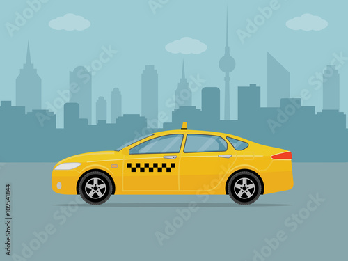 Fototapeta Naklejka Na Ścianę i Meble -  Taxi car on city background. Flat styled vector illustration. 
