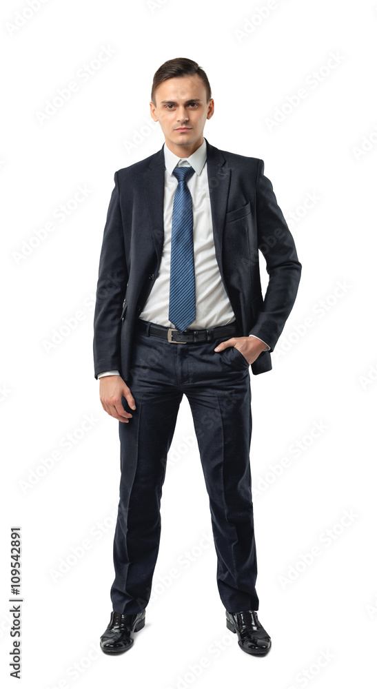 Front view of cutout businessman putting hand in his pocket. Front view of cutout businessman putting hand in his pocket.