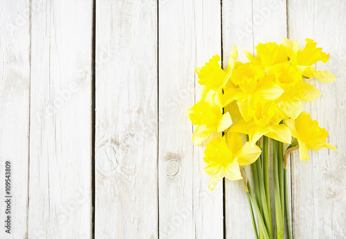 beautiful narcissus on wooden background