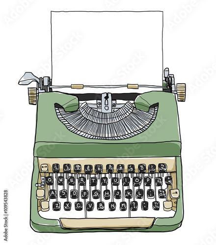 green british typewriter with paper  cute art illustration
