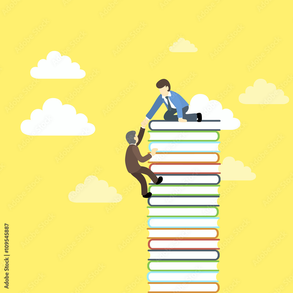 Businessman helping his partner to get on pile of books. Businessman helping his partner to get on pile of books.
