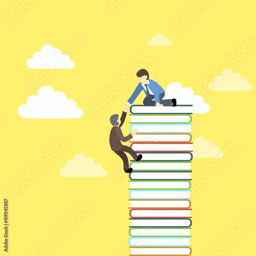 Businessman helping his partner to get on pile of books.