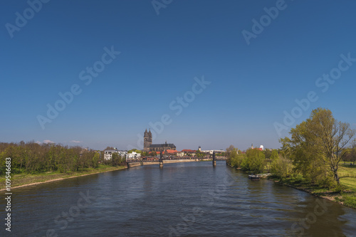 View on Magdeburg city and Elbe in Spring, Magdeburg, Germany © neurobite