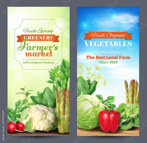 Two vertical banners for farmers market ad. Vector illustration.
