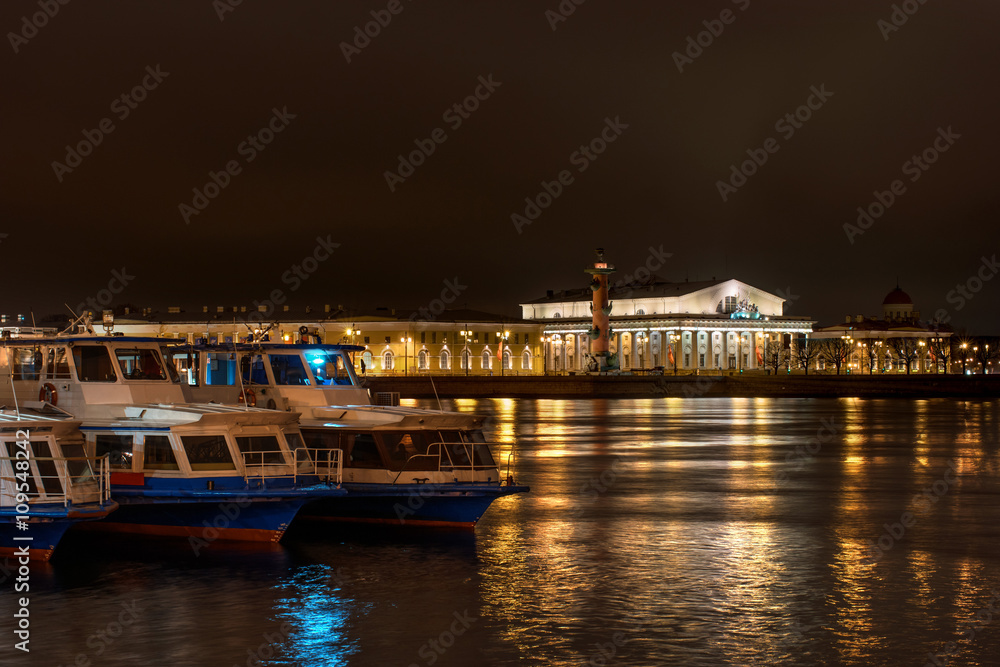 View on Vasilevsky Island - Stock Exchange Building and Rostral columns. Night Photography.