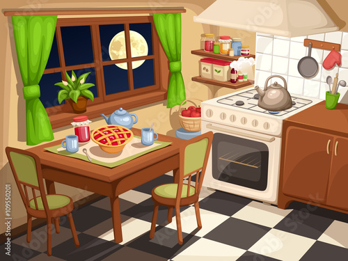Vector illustration of an evening kitchen interior with laid table and a kettle on a stove.