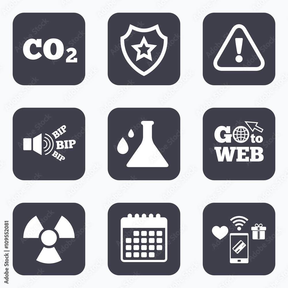 Attention radiation icons. Chemistry flask. Attention radiation icons. Chemistry flask.