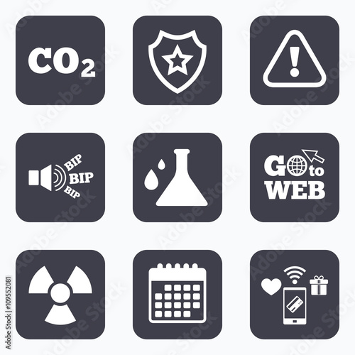 Attention radiation icons. Chemistry flask.
