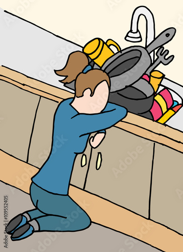 exhausted woman doing dishes