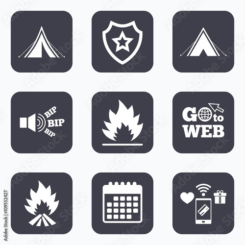 Tourist camping tent signs. Fire flame icons.