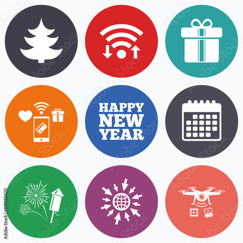 Happy new year sign. Christmas tree and gift box