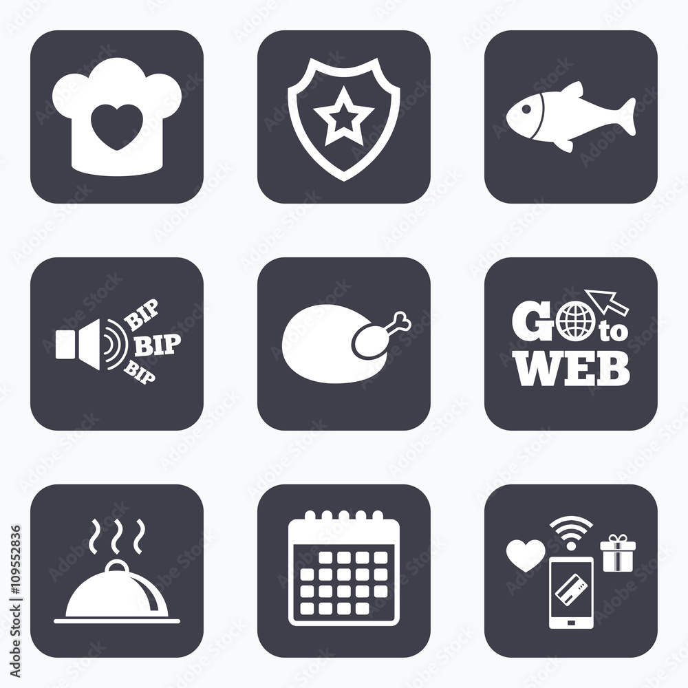 Chief hat, cooking pan icons. Fish and chicken. Chief hat, cooking pan icons. Fish and chicken.