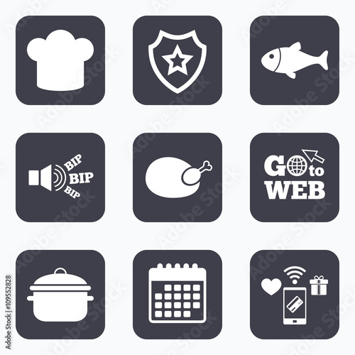 Chief hat, cooking pan icons. Fish and chicken.