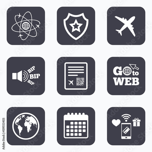 Airplane icons. World globe symbol.