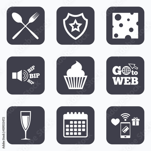 Food icons. Muffin cupcake symbol. Fork, spoon.