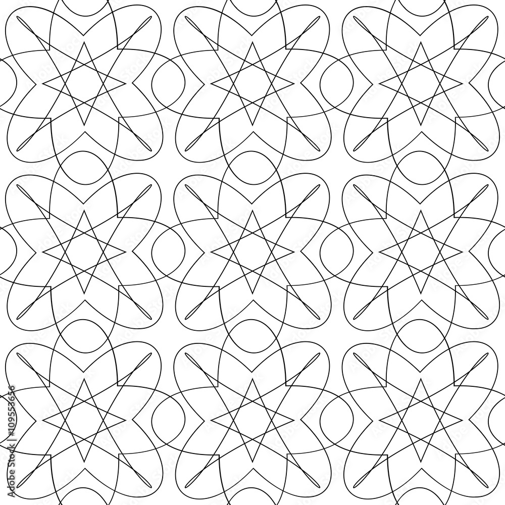 The complex geometric pattern. Seamless pattern of thin lines. Black and white monochrome ornament. The complex geometric pattern. Seamless pattern of thin lines. Black and white monochrome ornament.