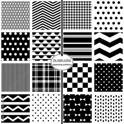 Black and white seamless pattern set. Repeating patterns for scrapbooking, fabric, backgrounds, borders and more. Polka dot, chevron, stripe, plaid, bow ties, dash, bunting and checkerboard pattern.