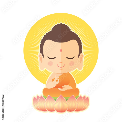 Buddha sitting on lotus. Cute Buddha cartoon vector illustration isolated on white background.