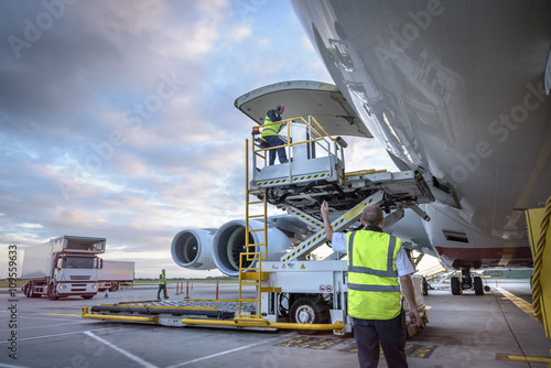Ground crew attending to A380 aircraft with freight loader at airport photo