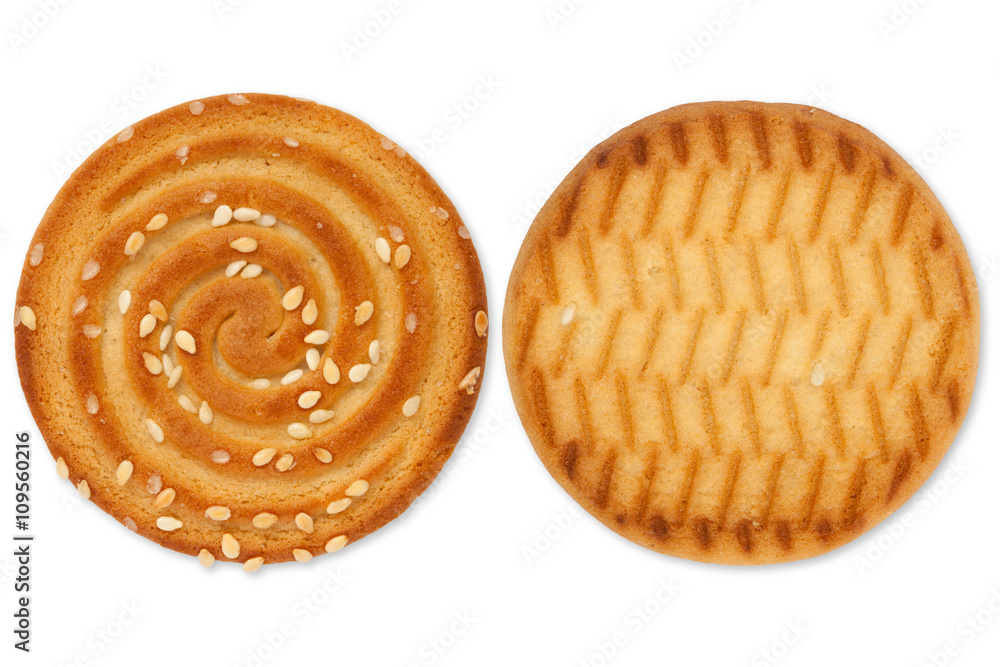Top view cookies with sesame seeds isolated on white background Top view cookies with sesame seeds isolated on white background